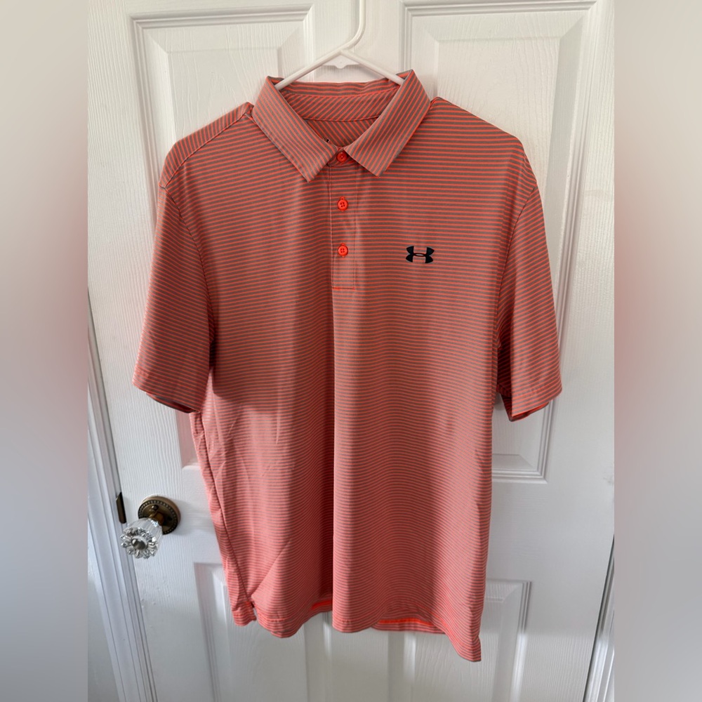 Under Armour Men's orange and grey striped Polo Shirt size large - Heatgear